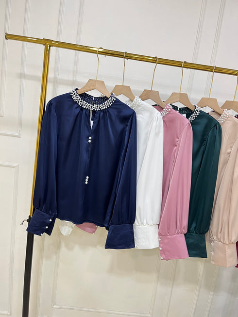 Pearl Round Neck Long Sleeves Satin Tops